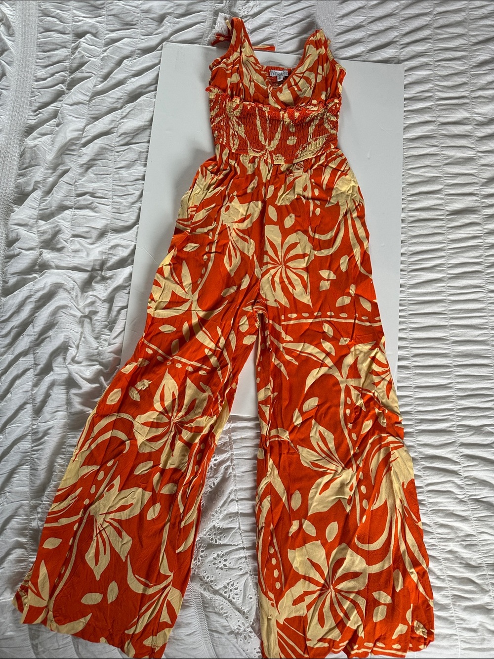Patrons of Peace Orange & Cream Floral Wide-Leg Smocked Jumpsuit